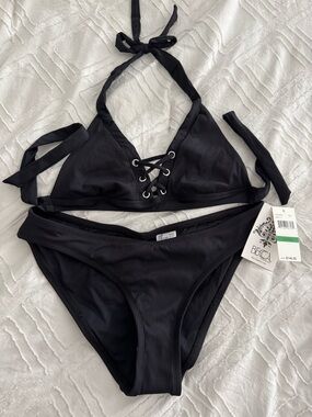 BECCA Black Ribbed Lace-Up Halter Bikini Set